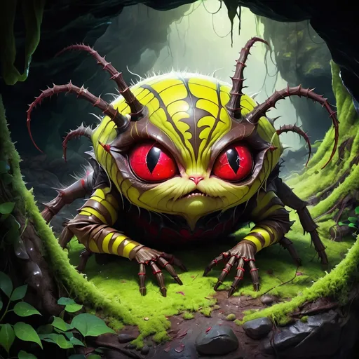 Prompt: Moss Cheshire Cat covered in yellow-green chitin armor with glowing red spider eyes and dark brown and tan spider legs, lurking in a dark cave full of webs