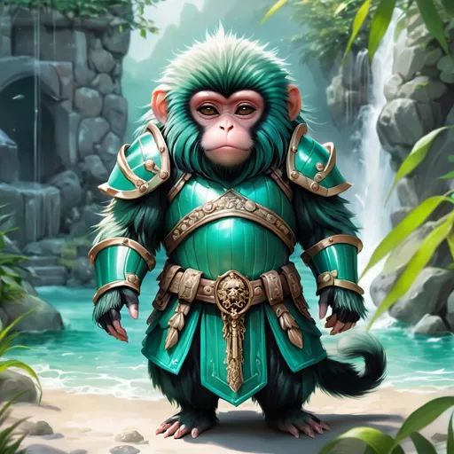 Prompt: Saki Monkey with soft teal fur and dressed in sea-green mythril armor, Mythril, background dungeon, masterpiece, best quality