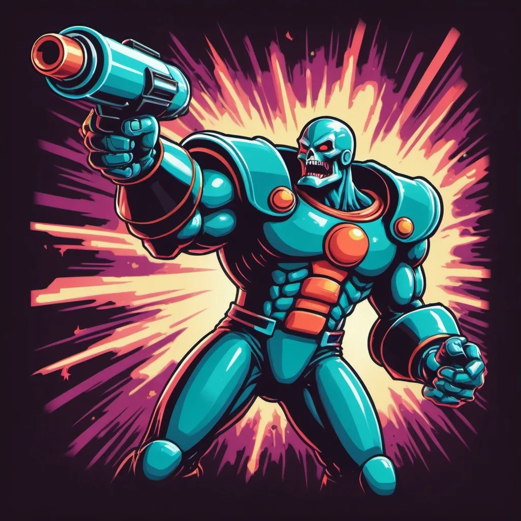 Prompt: Super Villian DeathCharge who's arm transforms into a cannon and fires energy shot, in retro arcade art style