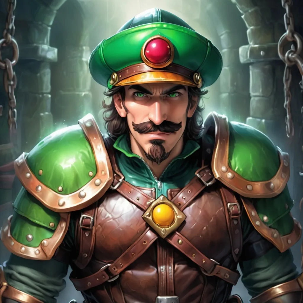 Prompt: luigi in a Leather Hat hat dressed in leather armor delving into a dungeon