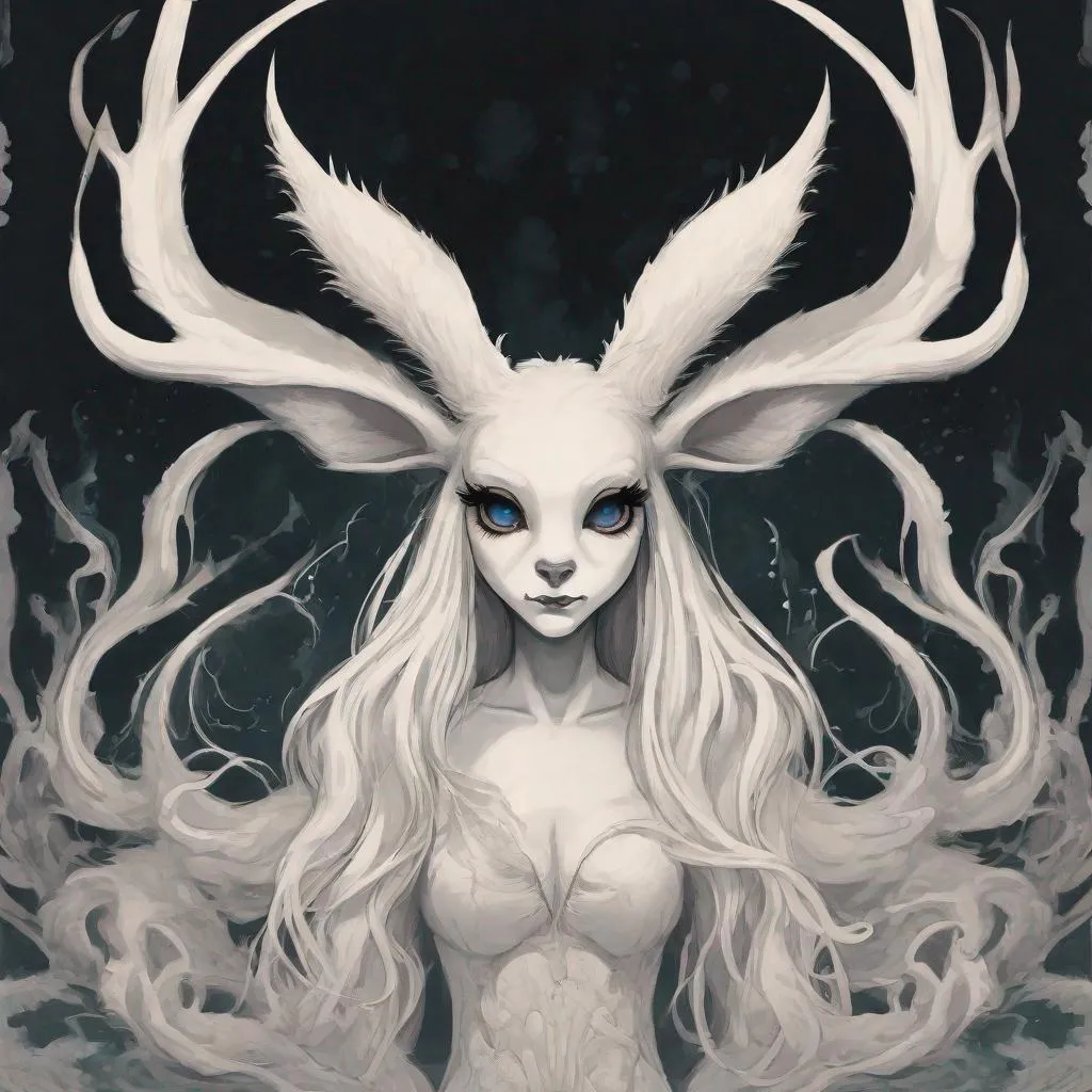 Prompt: Ursula Jackalope, pale white fur, evil Cecaelian sea witch, ebony black tentacles, under the sea, disney, masterpiece, best quality, in lovecraftian art style