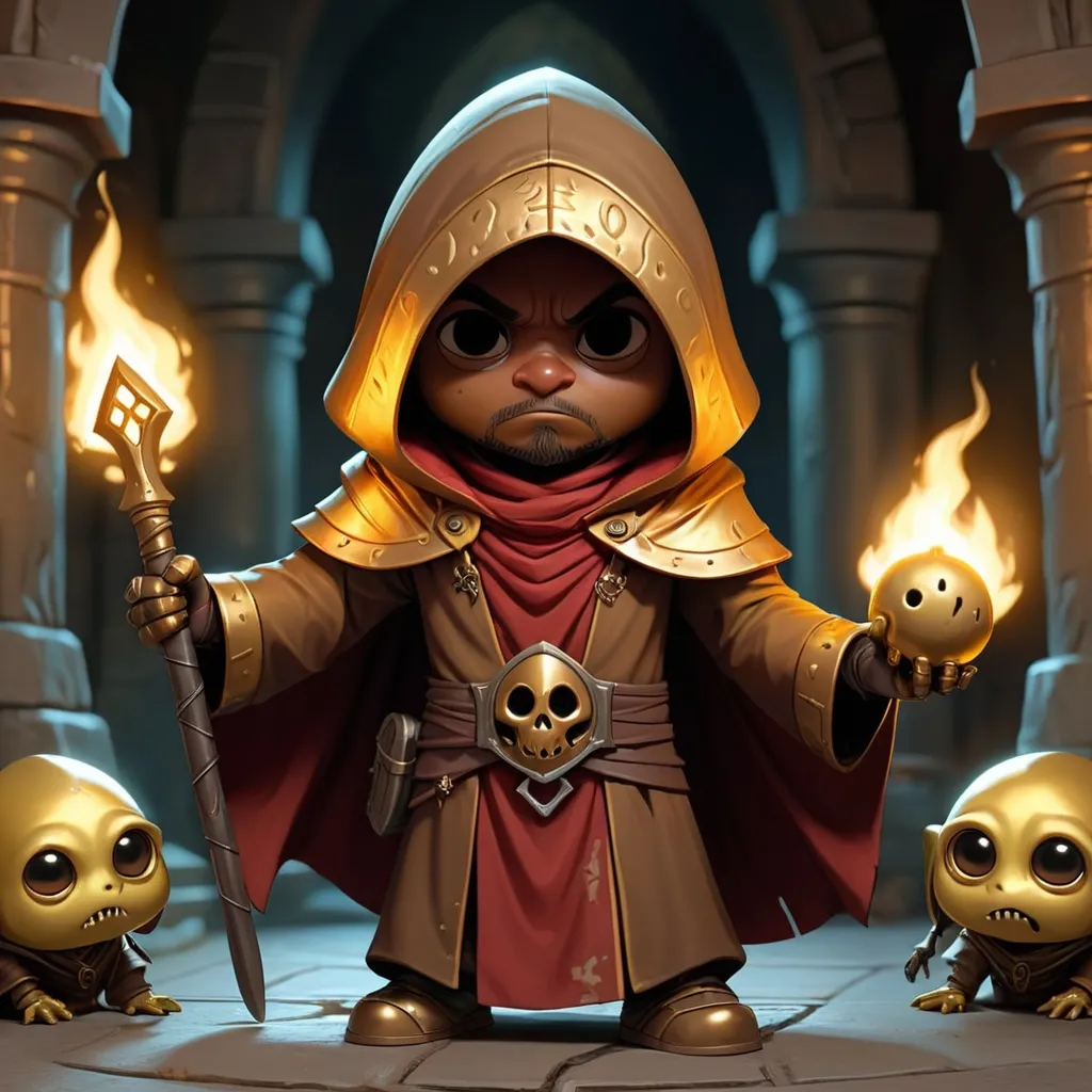 Prompt: Abelazar is a redguard necromancer dressed in ritulalistic bronze robes with a bronze helm with curved sides and hood surrounded by glowing gold ghost minions in a crypt, in chibi art styles