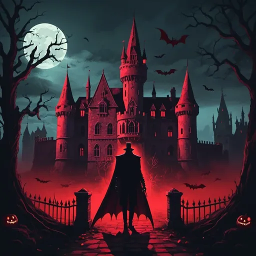 Prompt: At a very creepy castle there is a macabre crimson Vampire's Feast going on in 2D illustration Style art style