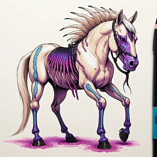 Prompt: A horse with white-tan fur and covered in a tan insect-like exoskeleton with a scorpion tail tipped with pink-red and one creepy black eye surrounded by white-blue and vivid purple
, in gel pen art style