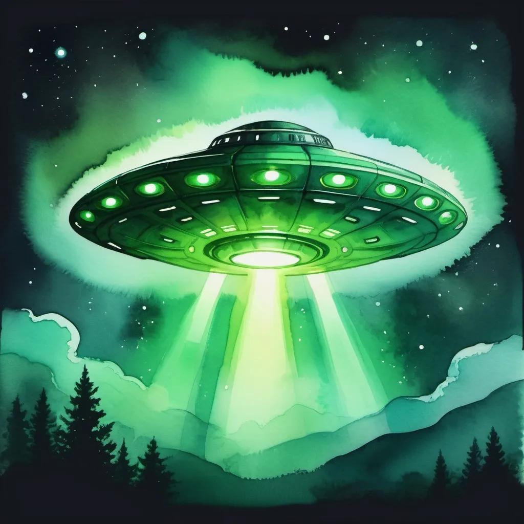 Prompt: UFO glowing bright green, watercolor painting art style