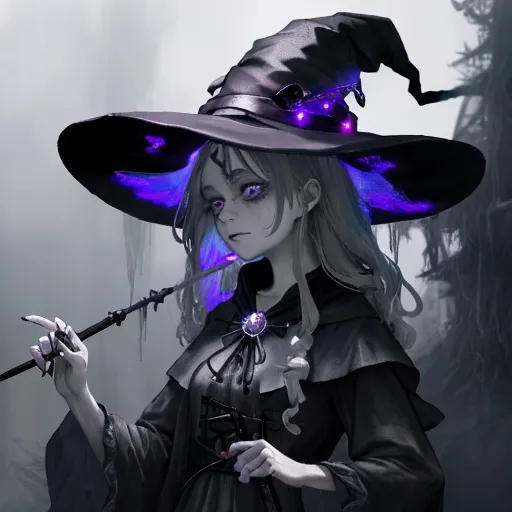 Prompt: Witch with dead gray eyes, colors are dim gray, ragged witch hat and witch outfit, wand made of mist, mist swirling all around, best quality, masterpiece, background darkness and mist