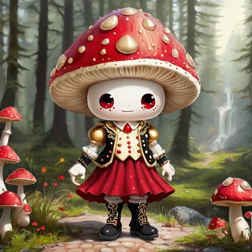 Prompt: Adventure Mushroom person with a cream mushroom head with red spots and gold trim and gems, wearing a cream shirt with a red and black vest with gold trim and gems and skirt with high boots 