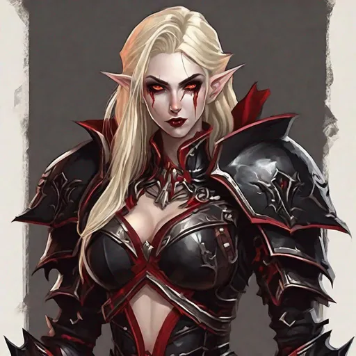 Prompt: High Elf Vampire female, short jagged light blonde hair intense crimson eyes and dressed in full body dark vampire style armor of black and red, best quality, masterpiece, in cartoon art style
