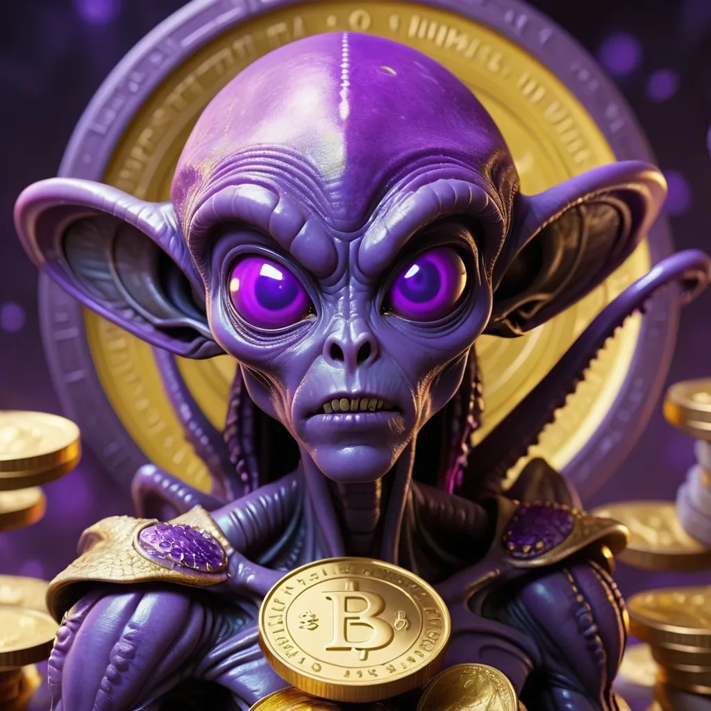 Prompt: Alien in vivid purples covered in gold coins and a hex aura surrounds them menacingly, masterpiece, best quality