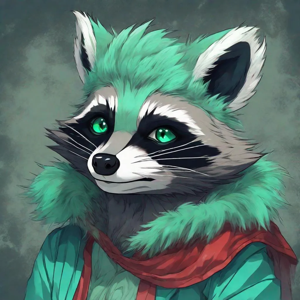 Prompt: Raccoon with sea-green and green fur, a fluffy feathery neck fur, red horns, and solid blue eyes, masterpiece, best quality, in anime art style