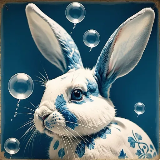 Prompt: blue and white bunny with bubble patterns in collodion print art style
