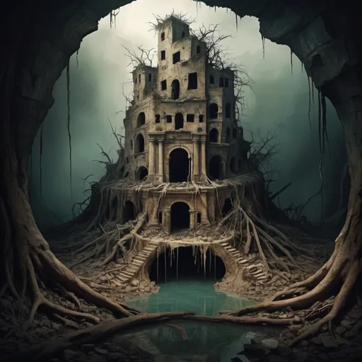 Prompt:  A lost city lost underground and lost in the dark torn and devoured Root Sundered, in dadaism art style