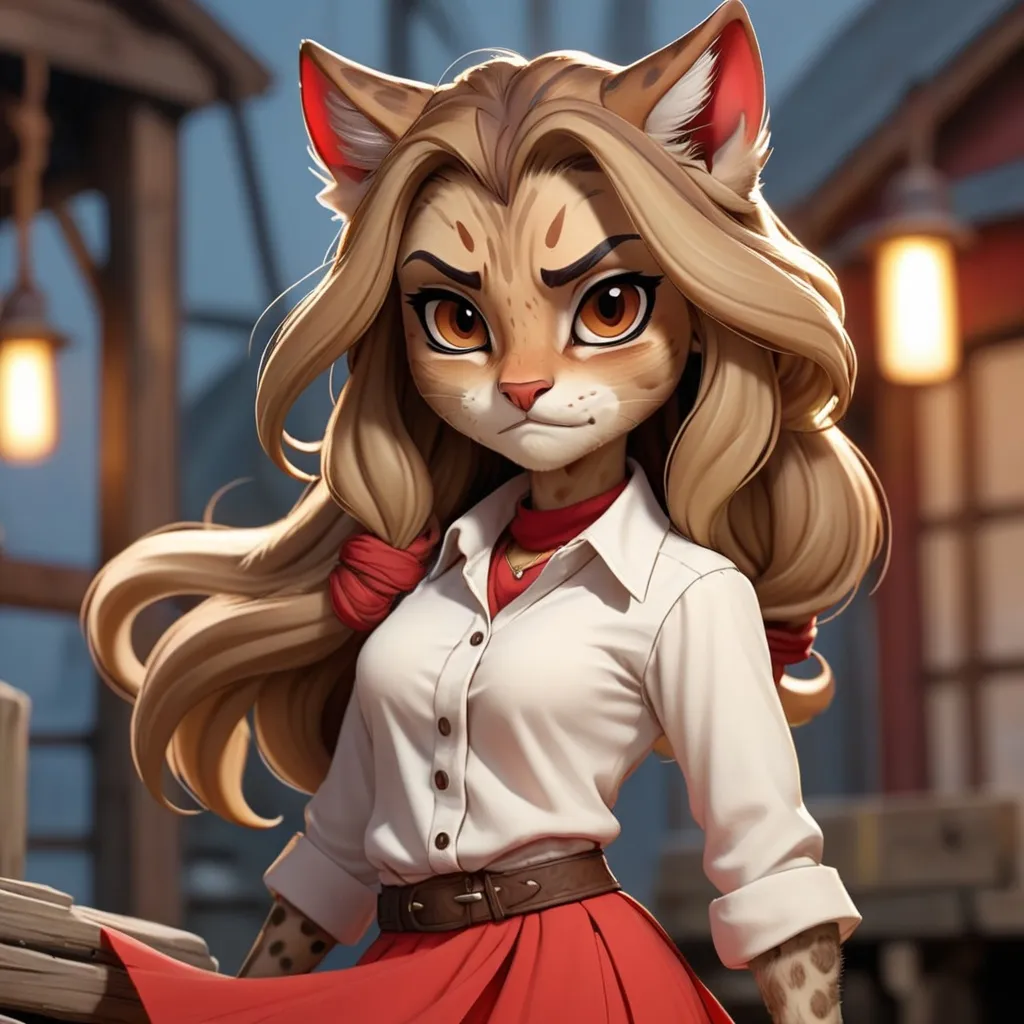 Prompt: Abelaya is a female khajiit with brown fur and darker brown spots and long light-brown flowing hair dressed in dock worker's white shirt with a red top and skirt and work gloves, in chibi art style, background docks
