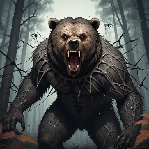 Prompt: werebear covered in spiders, in horror art style, background forest