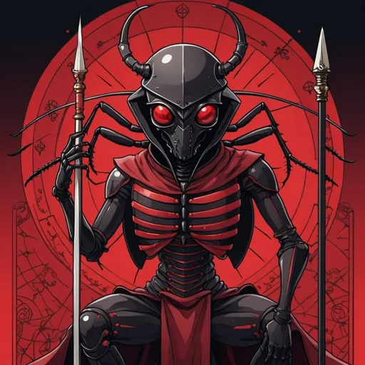 Prompt: tarot card Anime illustration, Assassin Beetle with black dark-red and vivid-red palette