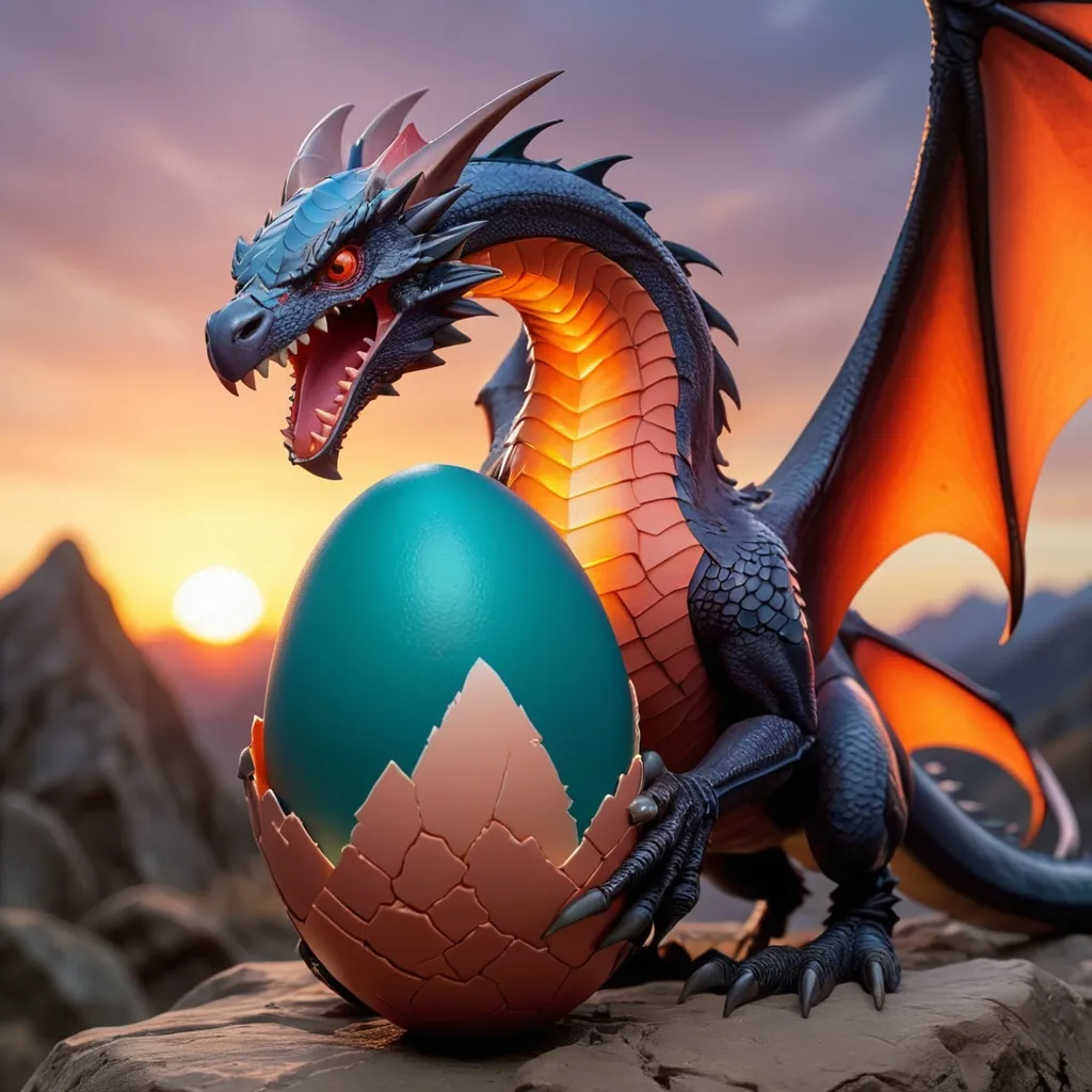 Prompt: Wyvern Egg that hatches at sunrise, the dark giving way to the light and brillent sunrise colors, best quality, masterpiece