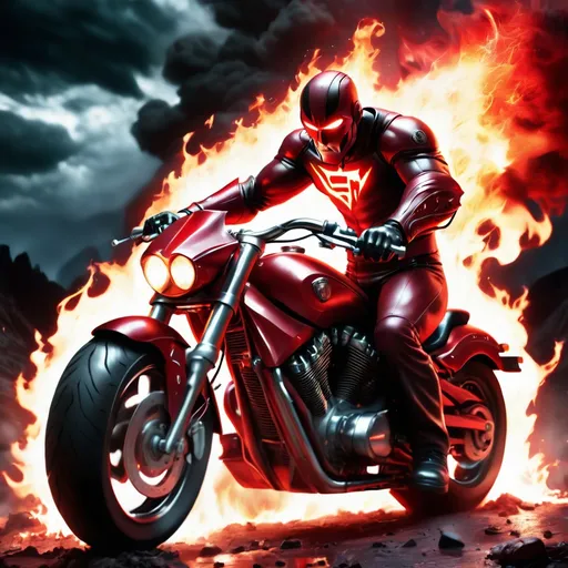 Prompt: A super hero named Raging Havoc on a crimson red motorcycle burning a trail through the depths of darkness