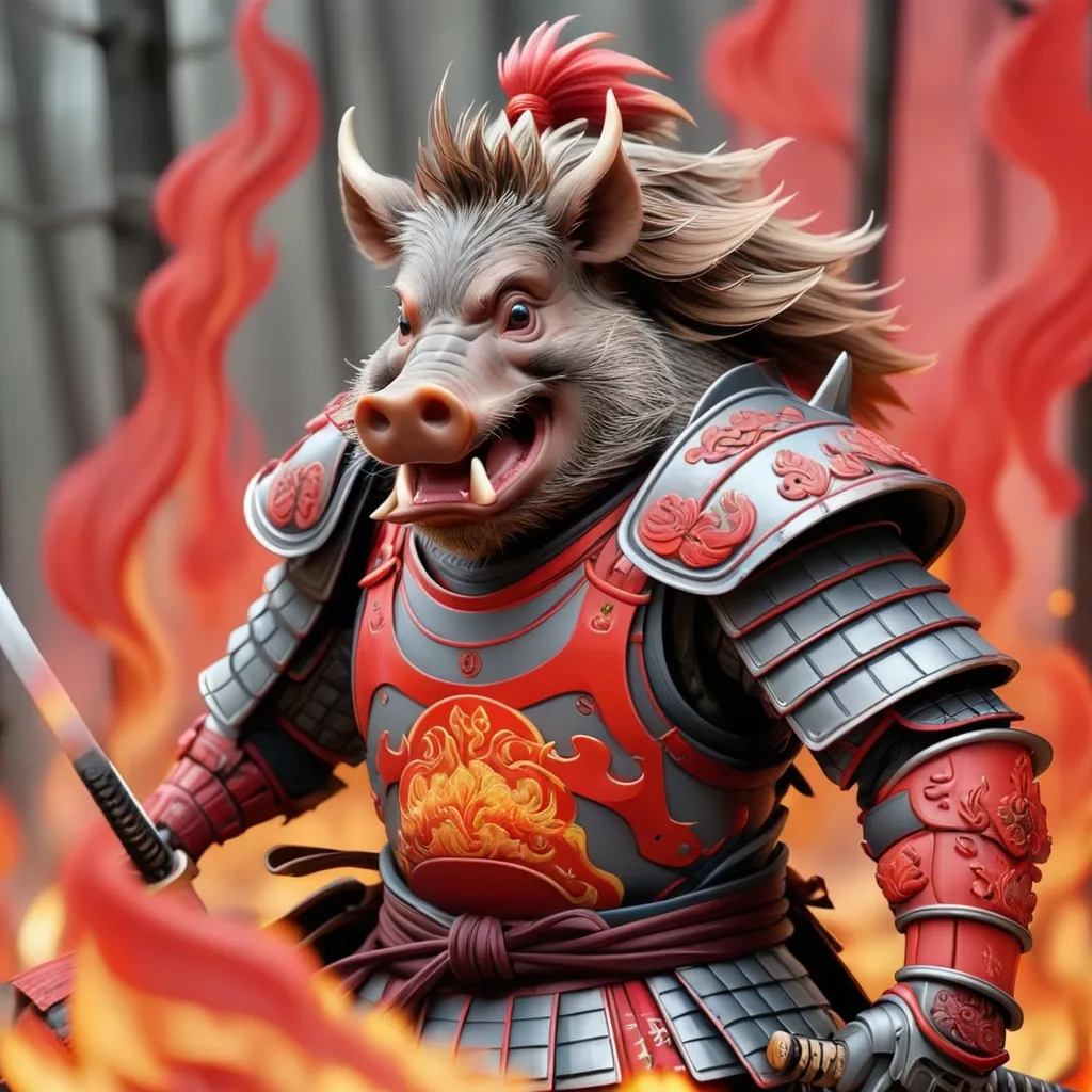 Prompt: Wild Boar covered in  red and grey samurai armor with flames all around them, Masterpiece, Best Quality