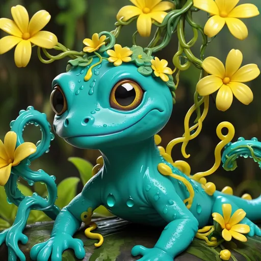 Prompt: Gecko made of teal slime with a yellow and teal flower on their head dripping with teal slime and tangling things with vines, background jungle, Masterpiece, Best Quality