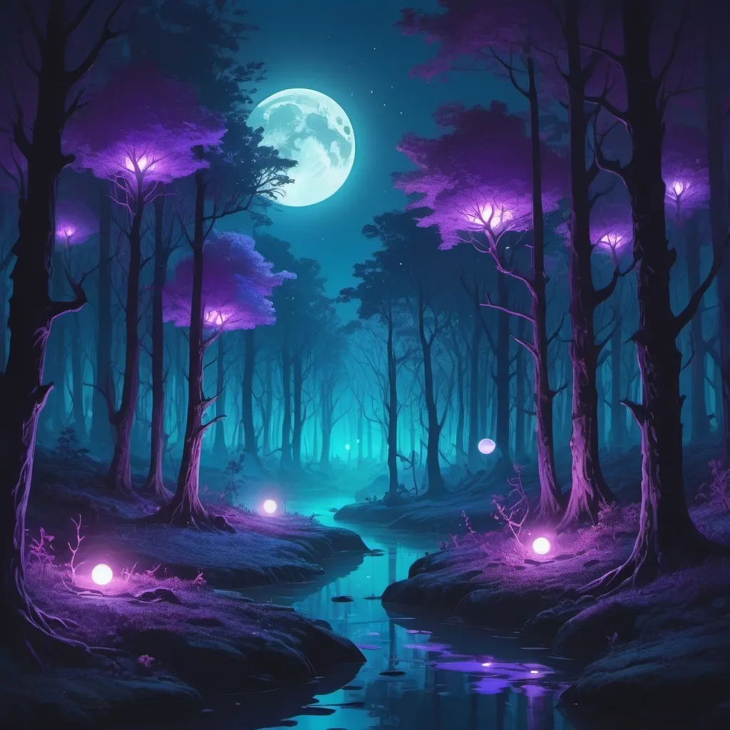 Prompt: eerie floating glowing motes in a forest of vivid blues and purples in moonlit shadows art style
