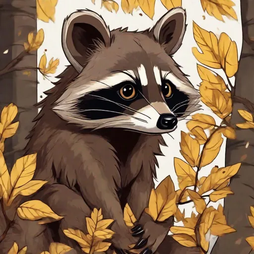 Prompt: Raccoon, chocolate brown fur with darker colored leaves growing from head, solid yellow eyes, plant-like, masterpiece, best quality, in anime art style