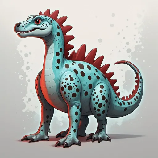 Prompt: Alkausaur with gray red-brown and glowing-teal palette with background  in dalmatian art style