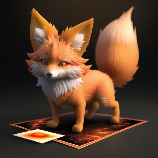 Prompt: bright orange small fox with curled kitsune tails sending confuse rays from its eyes, in card art style
