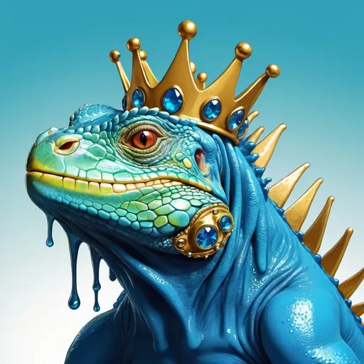 Prompt: A giant Iguana made of vivid blue slime dripping with blue slime and a jeweled gold crown upon their heads through the slime you can see a hero who has been eaten, in horror cartoon art style