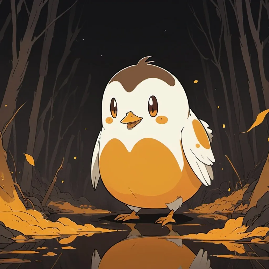 Prompt: Waddlewing with orange-yellow cream-white and brown palette, 2d dark j horror anime style, anime scene