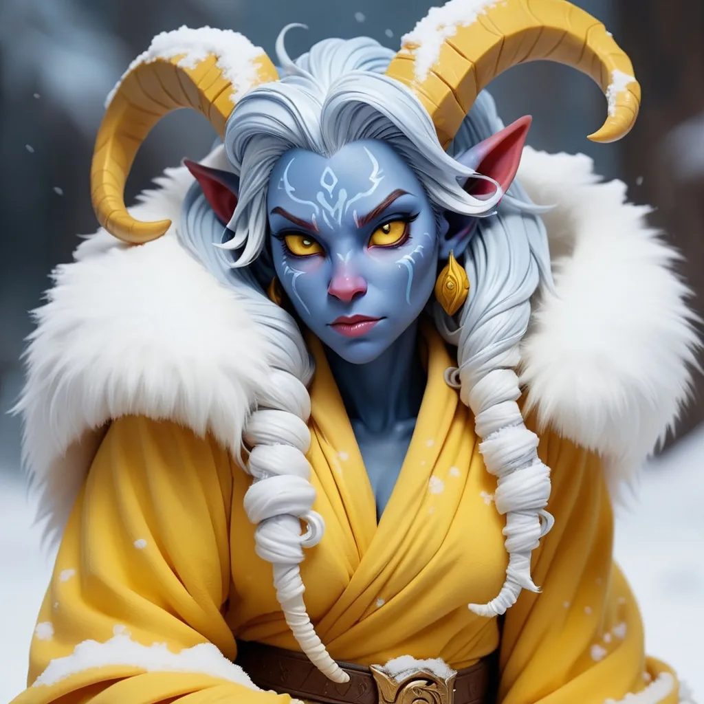 Prompt: Tiefling with ice blue skin and hair wrapped in a fur robe of yellow and white, chilling in the snow, masterpiece, best quality
