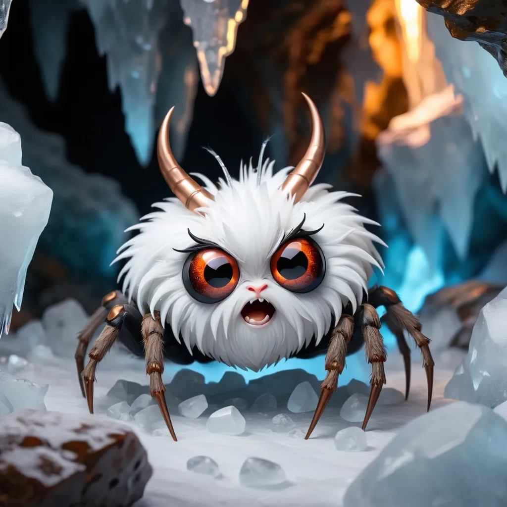 Prompt: Cute spider with fluffy white and ice-white fur with glowing white eyes and bronze horns, background ice cave with floating glowing rocks
