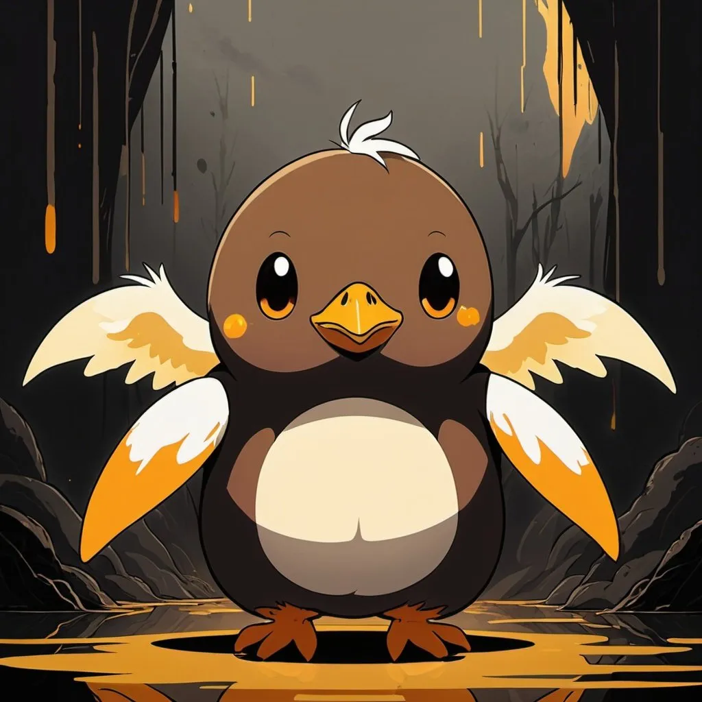 Prompt: Waddlewing with orange-yellow cream-white and brown palette, 2d dark j horror anime style, anime scene