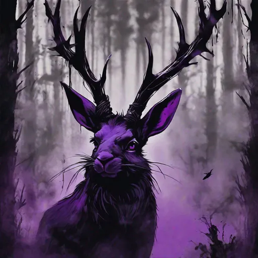 Prompt: Maleficent Jackalope, oozing darkness, black and purple, disney, in the forest crows in background, masterpiece, best quality, in spray paint art style