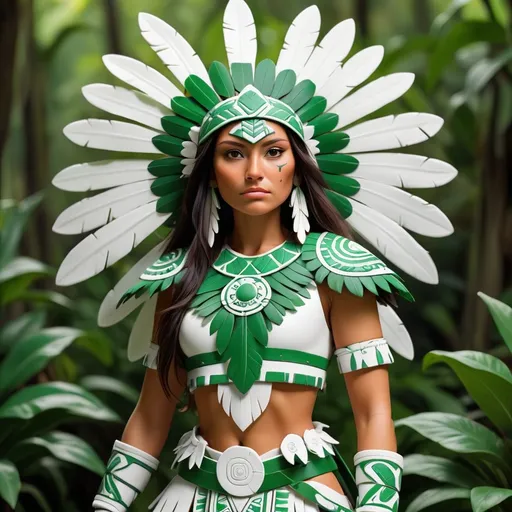 Prompt: Aztec Warrior flower and leaf based armor vivid green and pure white, cecilia, masterpiece, best quality