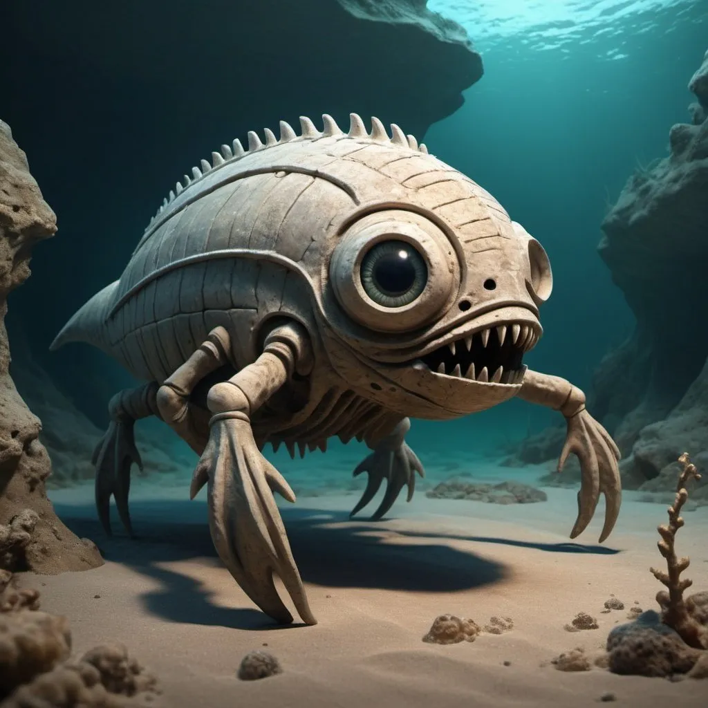 Prompt: A creature that was recovered from a fossil. It uses the eyes on its back while hiding on the sea floor in knight 3d art style