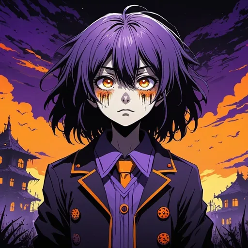 Prompt: Urchin with purple vivid-orange and yellow palette, 2d dark j horror anime style, anime scene