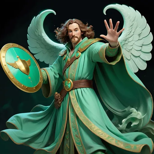 Prompt: Bard in a sea-green robe with a Animated Shield in hand sea-green and ghostly sea-green with a hand reaching out and a gold winged marking on shield, the air vibrates with ghostly songs