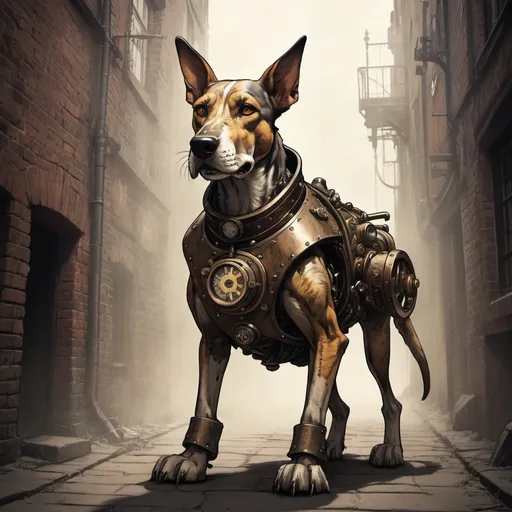 Prompt: Clockwork Hound in a ally in gritty steampunk art style
