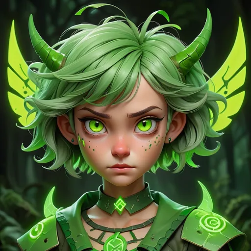 Prompt: Magical Transformation Girl with dark green and swamp green costume with neon green collar ribbons and rune markings, bright green short hair with green tendril horns and glowing yellow eyes and swamp green and vivid green wings, masterpiece, best quality