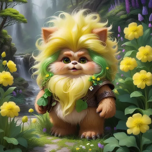 Prompt: Ewok with yellow fur and green fluffy hair tufts with clovers woven within and can be found amist flower gardens, masterpiece, best quality
