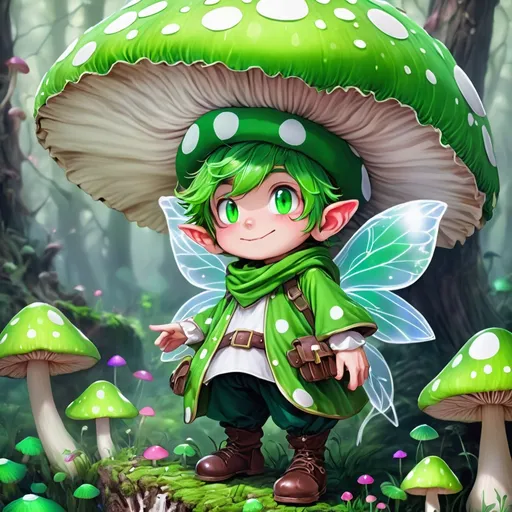 Prompt: 1-Up Mushroom Anime boy, a vivid green mushroom hat with white spots and dressed in fantasy fairy-like outfit
