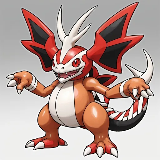 Prompt: Aegiochusmon with red tan white and black palette in Ken Sugimori art style
