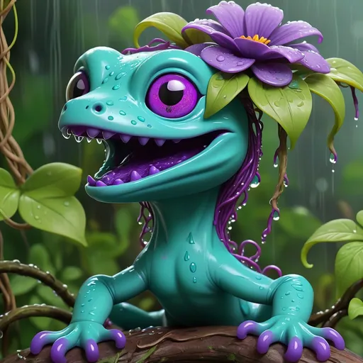 Prompt: Gecko made of teal slime with a purple flower on their head dripping with teal slime and tangling things with vines, background jungle rainstorm, Masterpiece, Best Quality