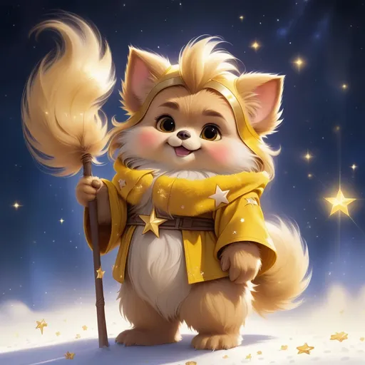 Prompt: Ewok with yellow fur and golden fluffy tuft of hair and ears with a star shaped tail standing happily behind golden shooting stars, masterpiece, best quality