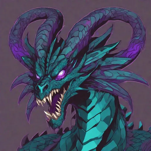 Prompt: Dragon symbiote with rust brown scales, curved purple horns and tendrils, solid teal eyes, fists up to punch, Masterpiece, Best Quality, in flat design art style