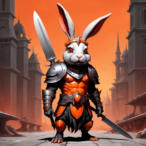 Prompt: Orange Rabbit Monster that is a ravenous pig-rabbit with a oversized head with a spartan-like helm on it with a red crest and wields giant a oversized fork and knife, best quality, masterpiece, background city