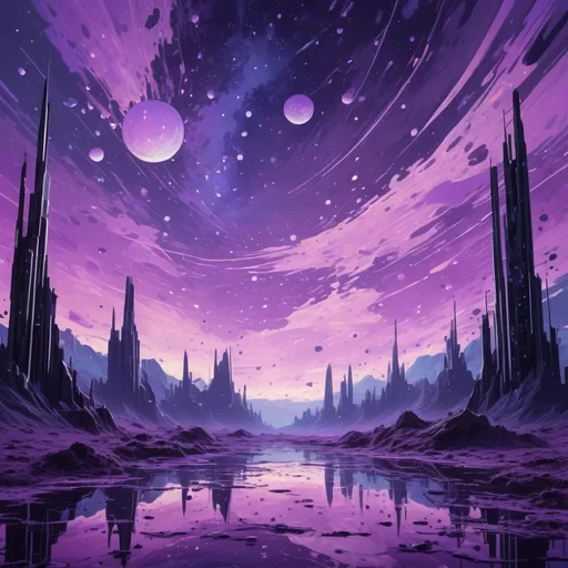 Prompt: This realm of Oblivion bathed in a purple sky Stars splattered like flecks of paint, in futurism art style