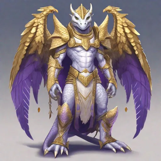 Prompt: Argonian with white and gold scales and violet markings, multi white archangel wings and head wings, golden bracelets and anklets, among the clouds, best quality, masterpiece, in cartoon art style