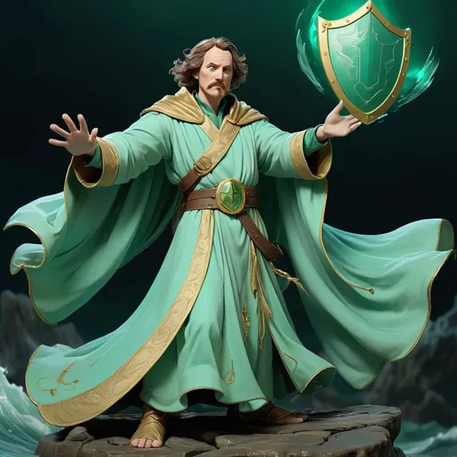 Prompt: Bard in a sea-green robe with a Animated Shield in hand sea-green and ghostly sea-green with a hand reaching out and a gold winged marking on shield, the air vibrates with ghostly songs