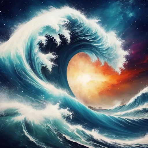 Prompt: Tsunami as large as the world, in canvas painting art style, background cosmos
